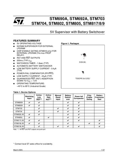 STMicroelectronics STM690A/STM692A/STM703/STM704/STM802/STM805/STM817/STM818/STM819 Supervisor Manual