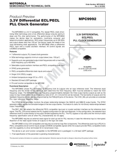 Motorola MPC9992 Datasheet - cover page