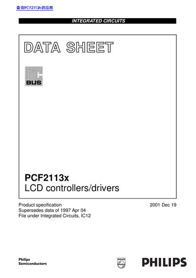 Philips PCF2113x LCD Controller/Driver Datasheet - cover page