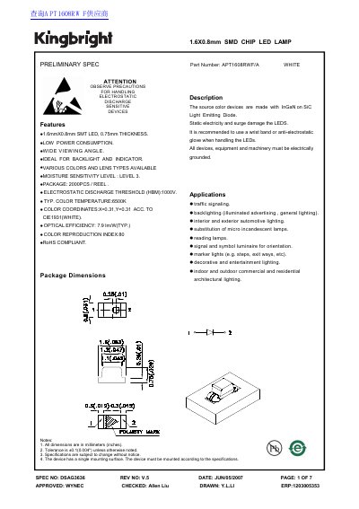 kingbright 1.6X0.8mm SMD CHIP LED LAMP APT1608SURCK handbook(2) - cover page