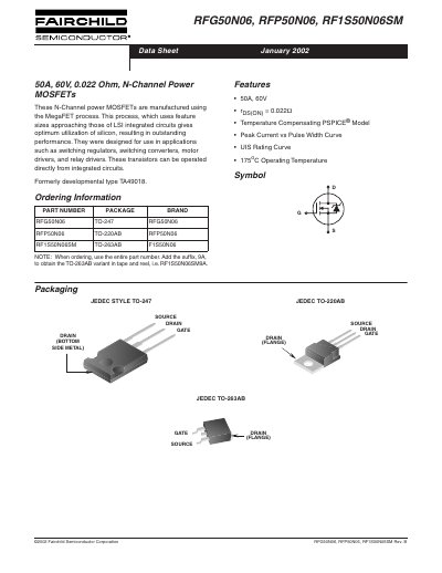 Fairchild Semiconductor RFG50N06/RFP50N06/RF1S50N06SM N-Channel Power MOSFET Datasheet - cover page