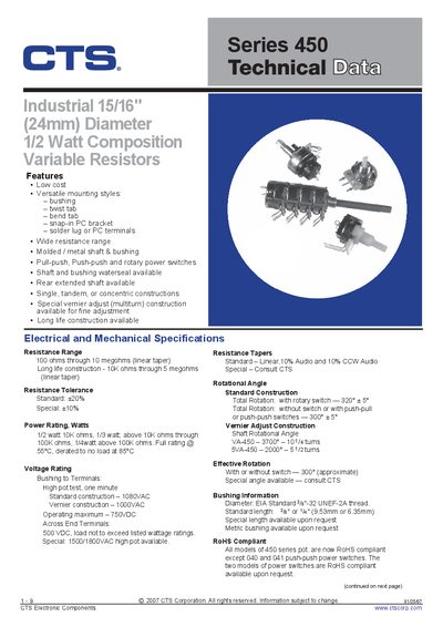 CTS 450 Series Variable Resistor Datasheet - cover page