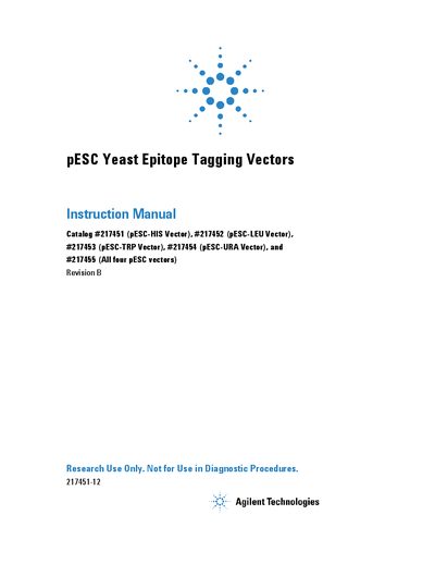 Agilent pESC Yeast Epitope Tagging Vectors Instruction Manual - cover page