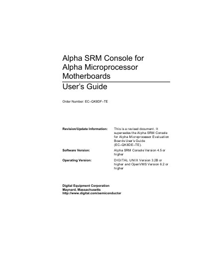 Digital Equipment Corporation Alpha SRM Console for Alpha Microprocessor Motherboards User Manual - cover page