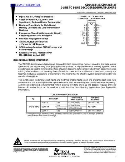 Texas Instruments CD54ACT138 / CD74ACT138 3-Line to 8-Line Decoder/Demultiplexer Datasheet - cover page