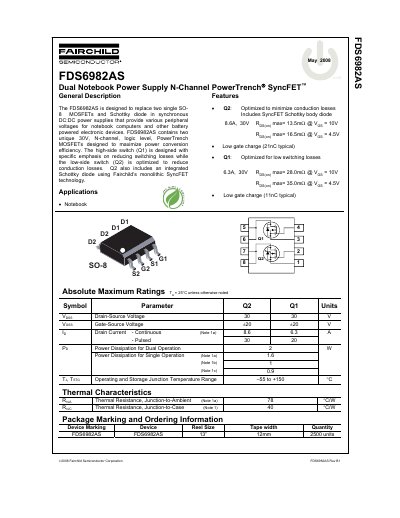 Fairchild FDS6982AS Dual Notebook Power Supply N-Channel MOSFET Datasheet - cover page