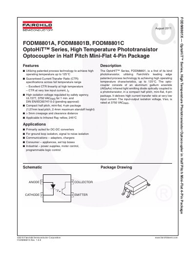 FAIRCHILD FODM8801A FODM8801B FODM8801C OptoHiT Series High Temperature Phototransistor Optocoupler in Half Pitch Mini-Flat 4-Pin Package handbook(1) - cover page