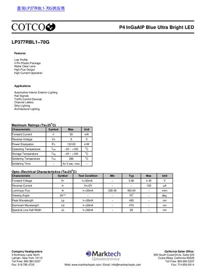 Marktech LP377RBL1-70G InGaAlP Blue LED Datasheet - cover page