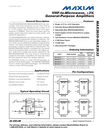 Maxim MAX2630‑MAX2633 VHF‑to‑Microwave General‑Purpose Amplifier Datasheet - cover page