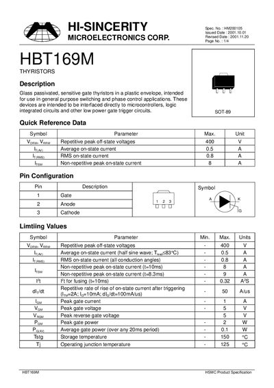 HI-SINCERITY HBT169M Thyristor Product Specification - cover page