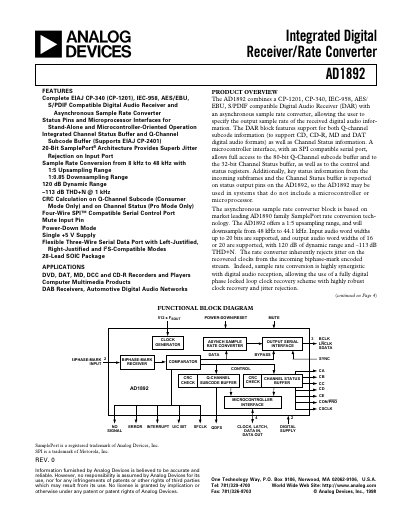 Analog Devices AD1892 Integrated Digital Receiver/Rate Converter Datasheet - cover page