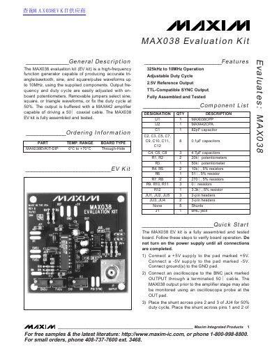 Maxim MAX038 Evaluation Kit User Guide - cover page