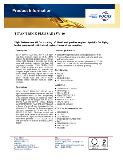 Titan Truck Plus SAE 15W-40 Engine Oil Product Leaflet - cover page