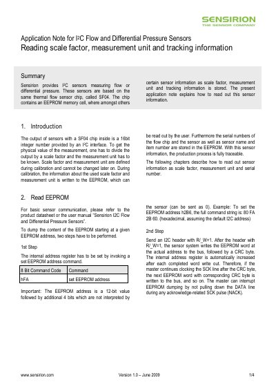 Sensirion SF04 I2C Flow and Differential Pressure Sensors Application Note - cover page