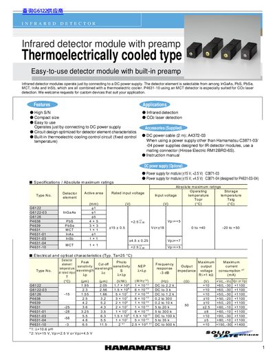 Hamamatsu IF4 Infrared Detector Module with Preamp Datasheet - cover page