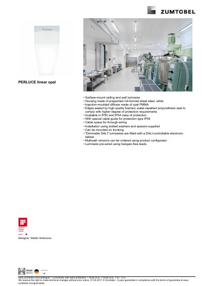 Zumtobel PERLUCE T16 / TC-L Linear Opal Surface-Mount Luminaire Product Data Sheet - cover page