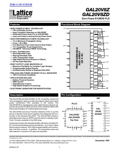Lattice Semiconductor GAL20V8Z/GAL20V8ZD Zero Power E2CMOS PLD Datasheet - cover page