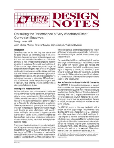 Linear Technology Design Note 1027 Optimizing Performance of Very Wideband Direct Conversion Receivers - cover page