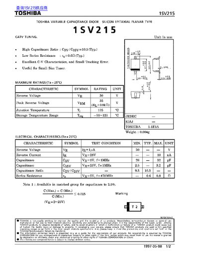 Toshiba 1SV215 Variable Capacitance Diode Datasheet - cover page