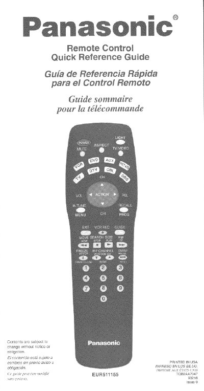 Panasonic EUR511155 Remote Control Quick Reference Guide - cover page