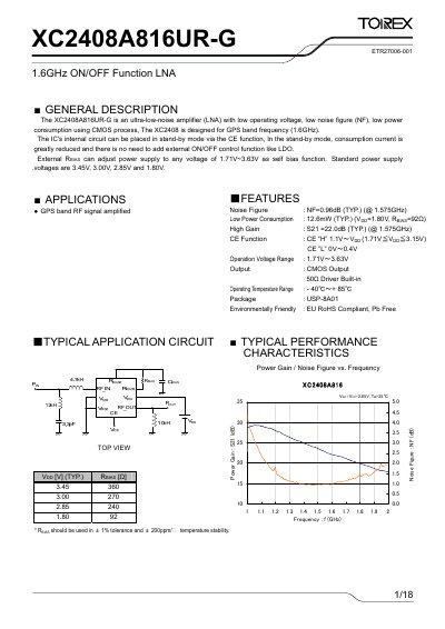 Torex XC2408A816UR-G 1.6 GHz ON/OFF Function LNA Datasheet - cover page
