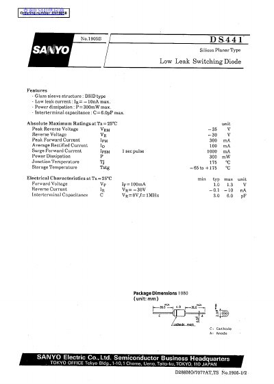 Sanyo DS441 Silicon Planar Type Low Leak Switching Diode Datasheet - cover page