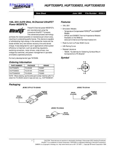Intersil HUF75309P3/HUF75309D3/HUF75309D3S N-Channel UltraFET Power MOSFET Datasheet - cover page