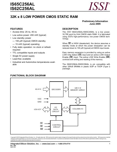 Integrated Silicon Solution IS62C256AL / IS65C256AL 32K×8 Low Power CMOS Static RAM Datasheet - cover page