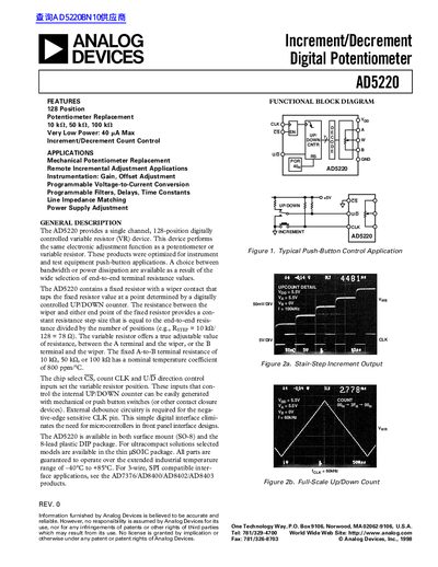 Analog Devices AD5220 Increment/Decrement Digital Potentiometer Datasheet