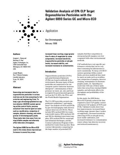 Agilent 6890 Series GC Micro-ECD Validation Analysis of EPA CLP Target Organochlorine Pesticides - cover page