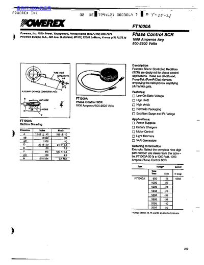 Powerex FT1000A Phase Control SCR Datasheet - cover page
