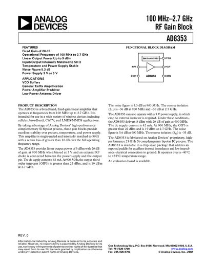 ANALOG DEVICES 100 MHz 2.7 GHz RF Gain Block AD8353 handbook - cover page