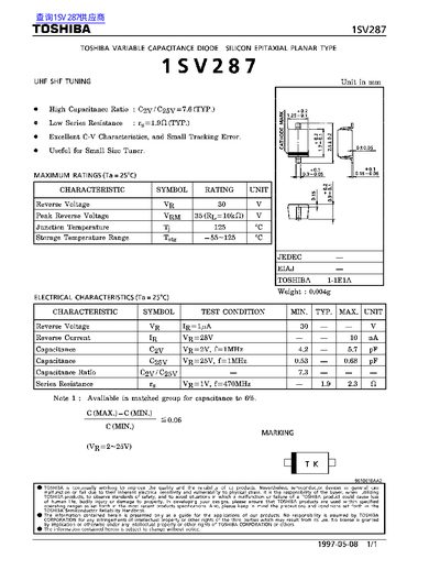 Toshiba 1SV287 Variable Capacitance Diode Datasheet - cover page