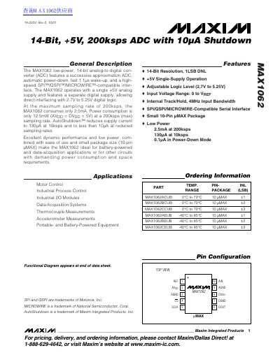 MAXIM MAX1062 14-Bit ADC Datasheet - cover page