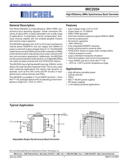 Micrel MIC2204 High-Efficiency 2MHz Synchronous Buck Converter Datasheet - cover page