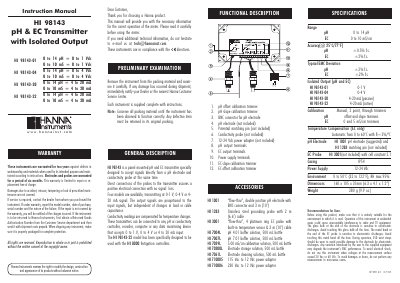 Hanna Instruments HI 98143 pH & EC Transmitter Instruction Manual - cover page