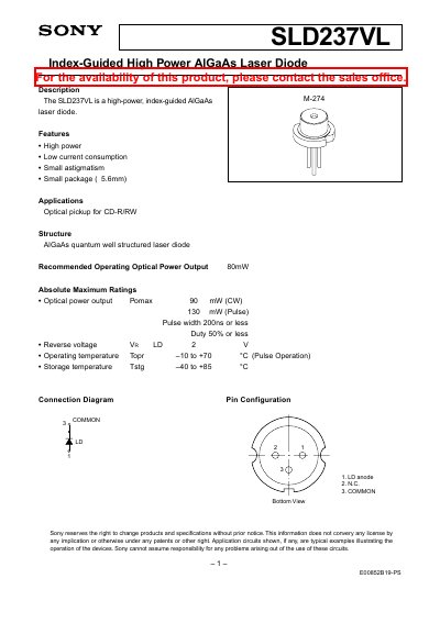 Sony SLD237VL High-Power AlGaAs Laser Diode Manual - cover page