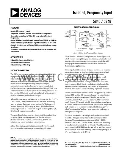 Analog Devices 5B45/5B46 Isolated Frequency Input Module Datasheet - cover page