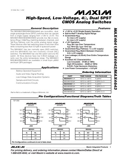 Maxim MAX4641/MAX4642/MAX4643 High-Speed Low-Voltage Dual SPST CMOS Analog Switches Datasheet - cover page