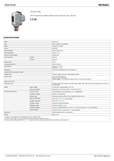 KEYENCE PR‑G41CBL Diffuse Reflective Sensor Data Sheet - cover page
