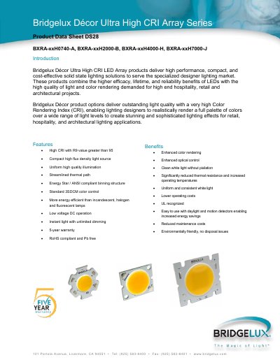 Bridgelux BXRA-xxH0740-A / BXRA-xxH2000-B / BXRA-xxH4000-H / BXRA-xxH7000-J LED Array Datasheet - cover page
