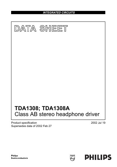 Philips TDA1308/TDA1308A Class AB Stereo Headphone Driver Datasheet - cover page