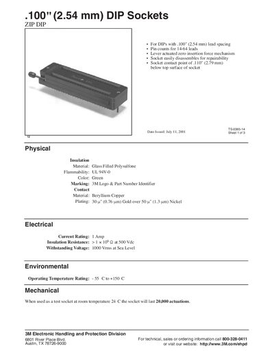 3M .100" (2.54 mm) DIP Sockets Datasheet - cover page