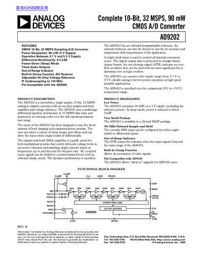 ANALOG DEVICES Complete 10-Bit 32 MSPS 90 mW CMOS A/D Converter AD9202 handbook - cover page
