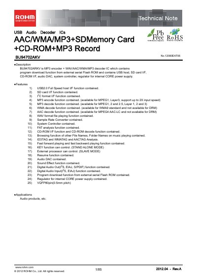 ROHM BU94702AKV Technical Note - cover page