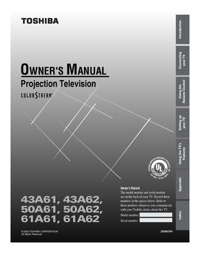 TOSHIBA 43A61/43A62/50A61/50A62/61A61/61A62 Projection Television OWNER'S MANUAL  - cover page