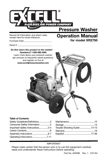 Excell XR2750 Pressure Washer Operation Manual - cover page