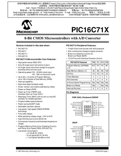 Microchip PIC16C71X 8-Bit CMOS Microcontrollers with A/D Converter Datasheet - cover page