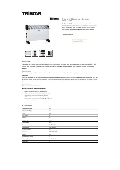 Tristar KA-5912 Convector Heater Product Leaflet - cover page