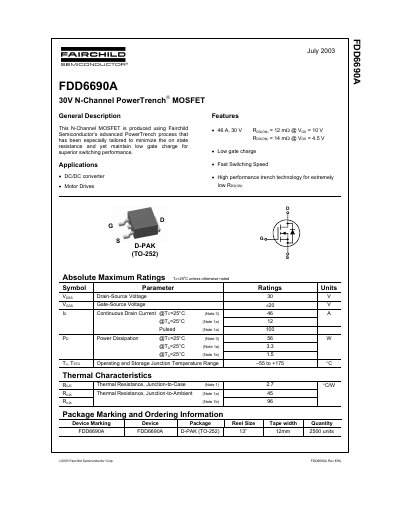 Fairchild Semiconductor FDD6690A 30V N-Channel PowerTrench MOSFET Datasheet - cover page